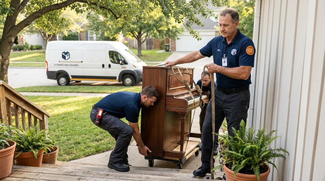 Licensed piano movers securing grand piano in Sullivans Island, SC