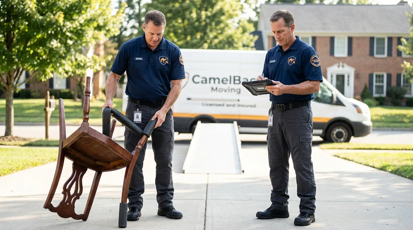 Movers inspecting furniture for damage prevention before loading in Sullivans Island, SC