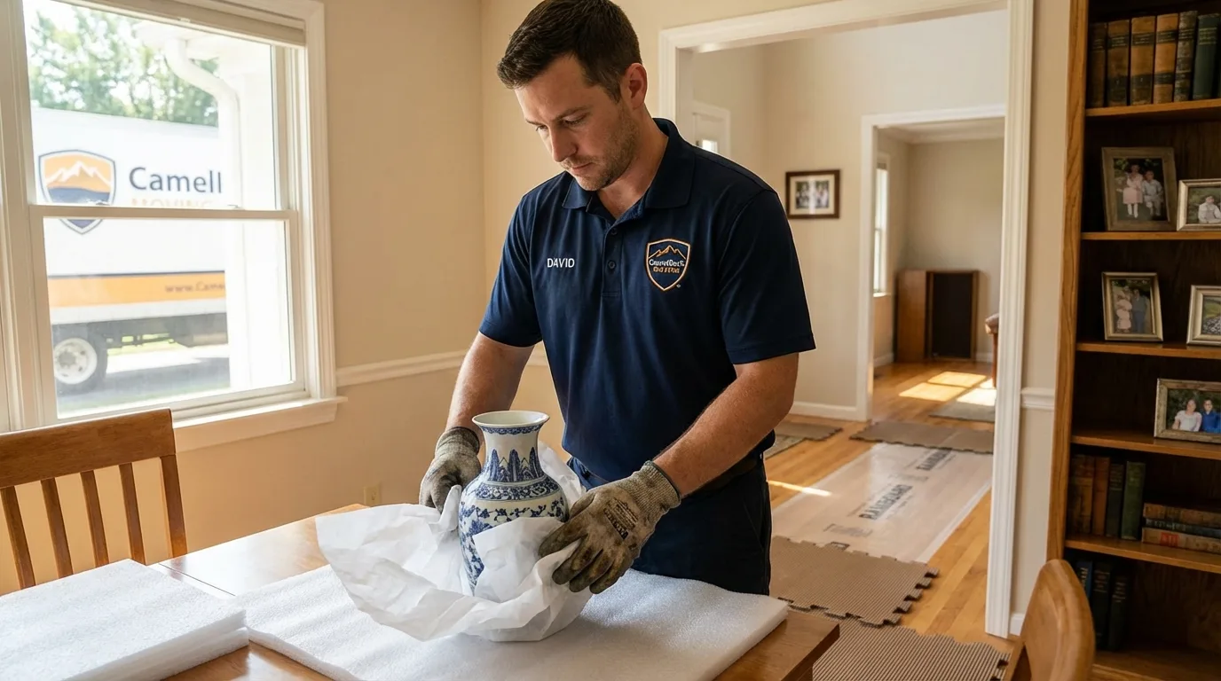 Professional crew carefully wrapping antique vase for senior downsizing move in Sullivans Island, SC